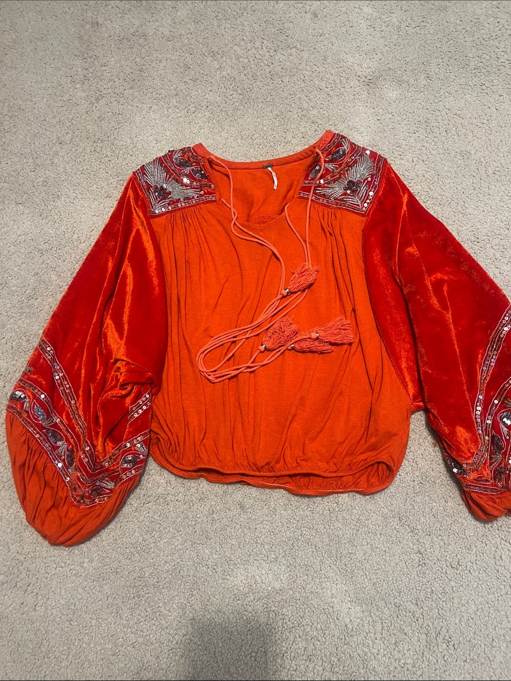 BOHO Sequin- Embroidered tangerine orange Velvet Balloon-Sleeve Women's Top